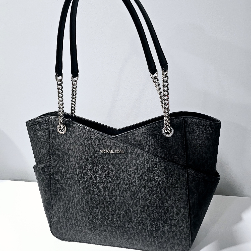 Michael Kors Black Jet Set Large Logo Shoulder Bag with Chain Straps